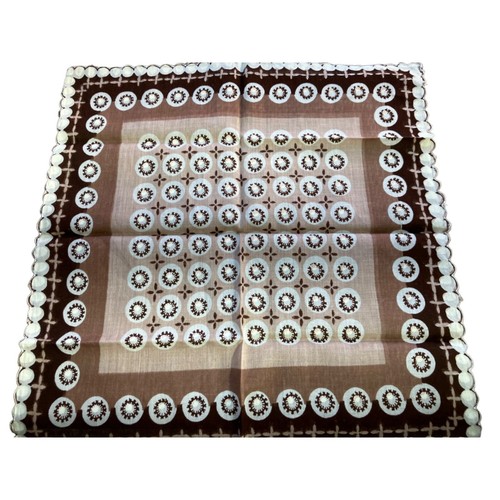 Vtg Handkerchief MCM Geometric Printed Design Scallop GROOVY 70s Brown Cream GUC