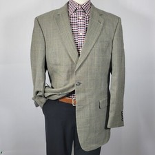 JOS A BANK Men's Sport Coat Blazer Two Button Beige Gray Plaid Silk Wool Sz 44L