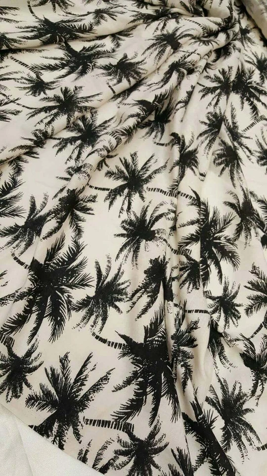 100% Rayon chally with off white background and black palm trees By Yard - Image 3 of 4