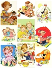 Handmade Set of 9 Retro Vintage CHILDHOOD MOMENTS #4 STICKERS - Just Cut & Use!