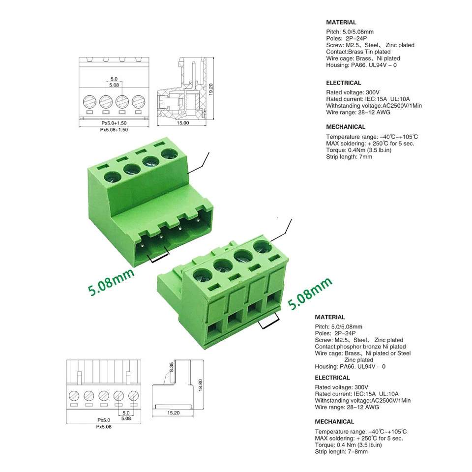 5.08mm 2P-10P Pitch Pluggable Screw Terminal Blocks Coupling Connectors 10 Pairs - Image 3 of 4