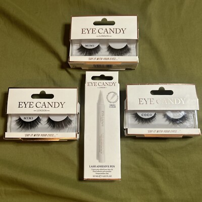 Eye Candy London (3) Eyelash Sets And (1) Lash Adhesive Pen, Brand Spanking New