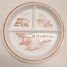 Little Bo Peep Child  s Divided Plate Vitrock Red 1940'S Milk Glass 8 in dia.