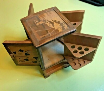 Vintage Inlaid Wood Cigarette Box cabinet mt. fuji japan Japanese antique  rare!
