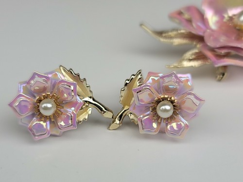 Vintage Coro Enamel Flower Brooch Pin And Matching Clip On Earings w/ Pearlf - Picture 7 of 24