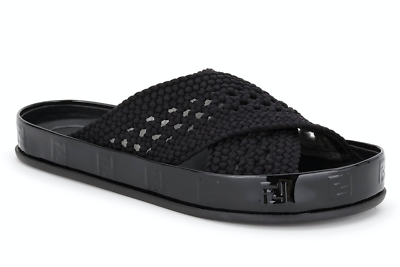 FENDI ブラックサテン ミュール Fendi Black Criss Cross Woven Logo Mule Slide Slip On Flat Flip