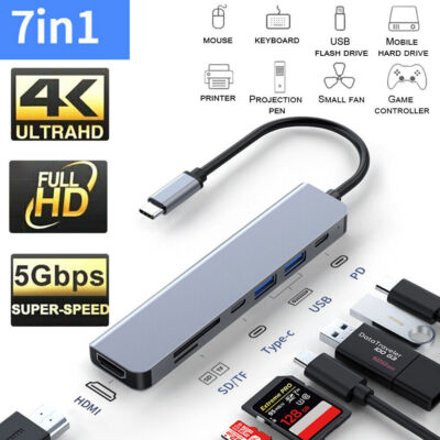 USB C Hub 7-in-1 Type C Adapter 3.0 Thunderbolt 4K HDMI PD SD TF Card Reader Mac
