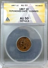 1867 1c Indian Head Cent ~ RPD ~ Repunched Date ~ ANACS AU DETAILS ~ CLEANED