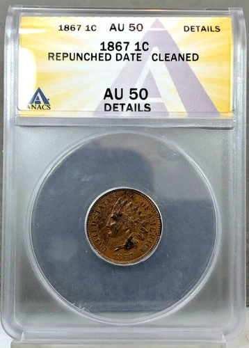 1867 1c Indian Head Cent ~ RPD ~ Repunched Date ~ ANACS AU DETAILS ~ CLEANED