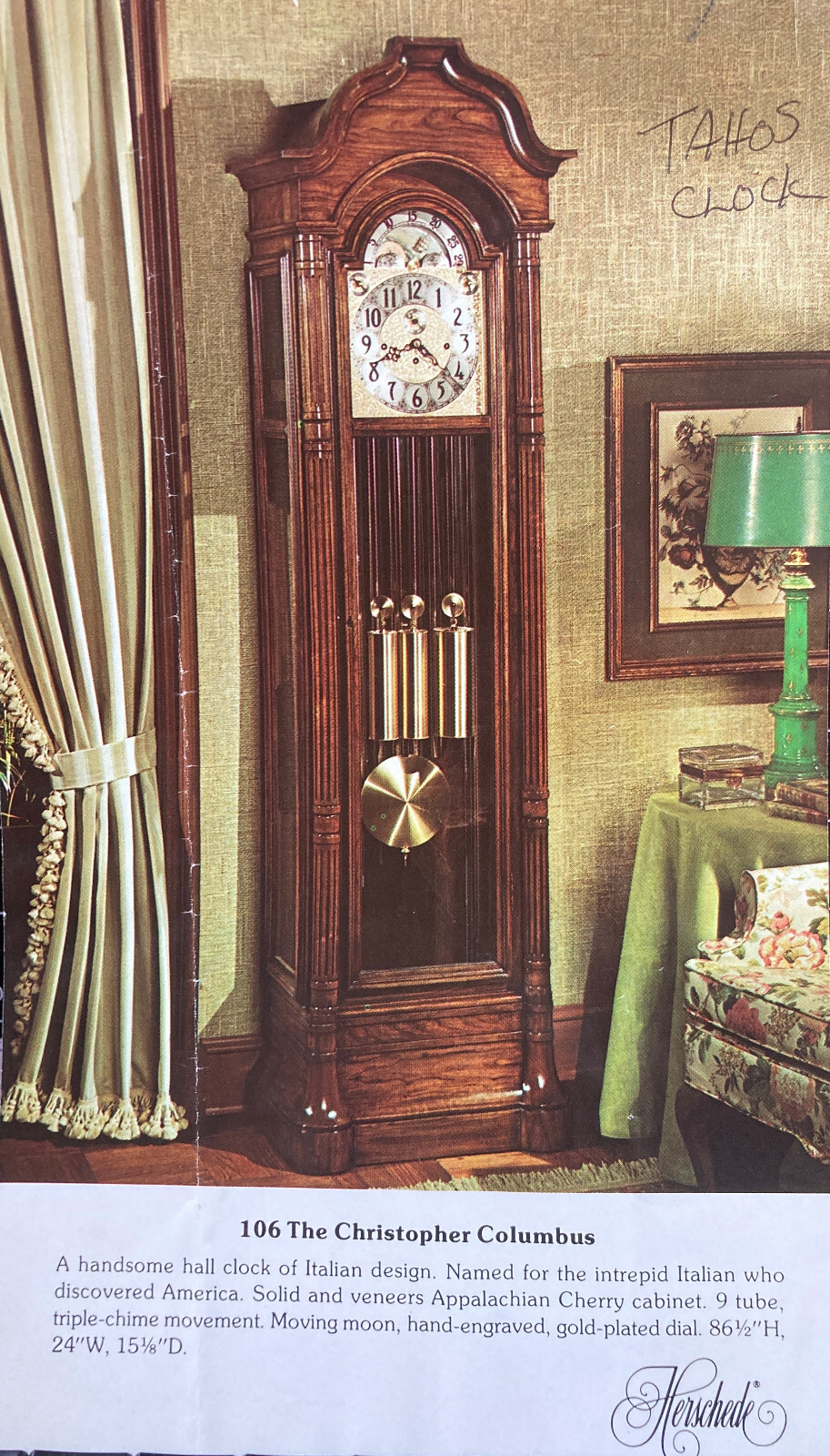 Herschede Clock 106 The Christopher Columbus, 9Tubular Bell, Orig