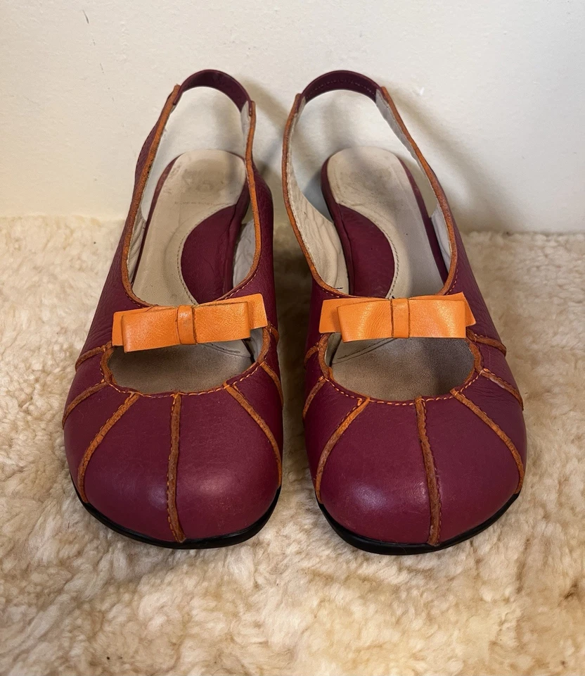 John Fluevog Minstrels Minuets Fuschia Pebble with Orange Slingback Heels Size 7 - Image 2 of 4