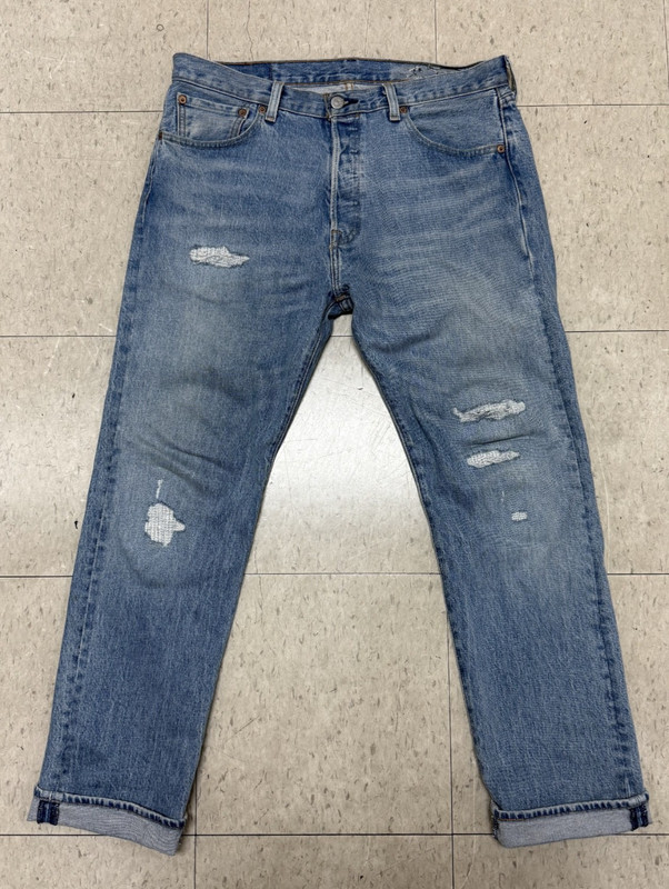 LEVIS 501 93 Straight Mens 32x30 Blue Distressed Denim Button Fly Stretch Jeans