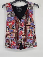 Vtg Nicole Miller Vest Silk Women's Large Graphic Allover Print Pockets 1993