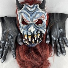 Vtg Devil Demon Mask With Full Head Of Red Hair Horns Big Teeth Scary Gloves