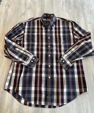 NAUTICA Men  s 80  s Two-ply Cotton Sport Shirt Plaid Pattern Red Blue White Large