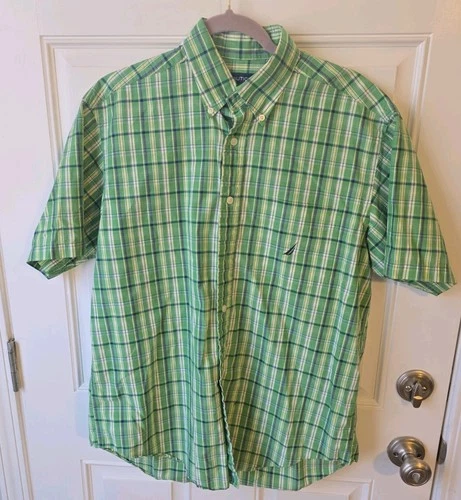Nautica Mens Button Down Plaid Shirt Green/Blue/White Size M Short Sleeve A30150 - product listing photo