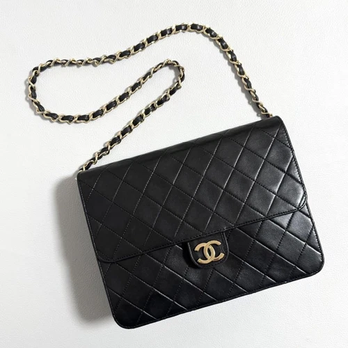 CHANEL CC Matelasse Lamb Skin Chain Shoulder Bag Black Vintage Auth