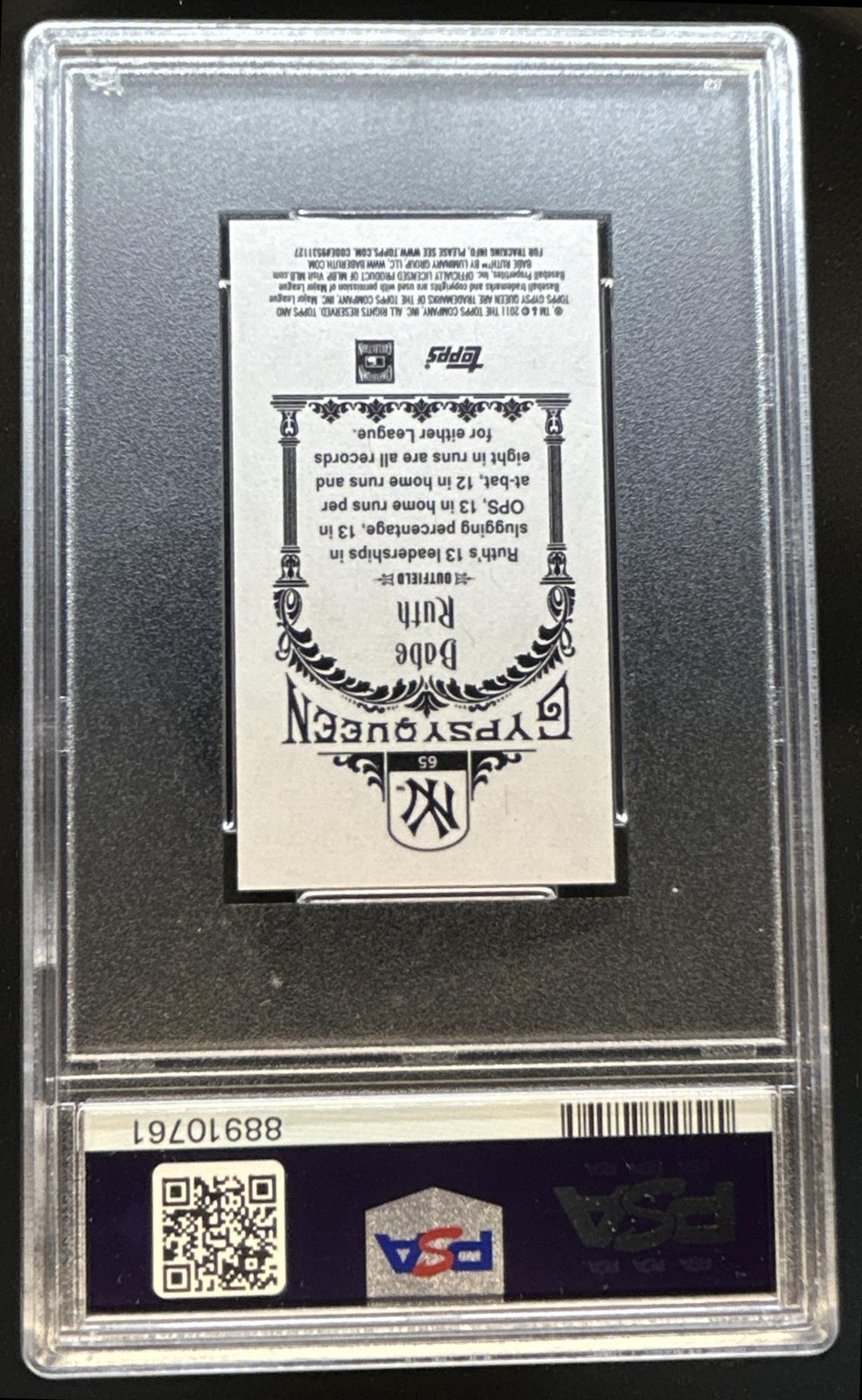 2011 Topps Gypsy Queen Babe Ruth Mini #65 New York Yankees PSA 10 GEM MINT view 2
