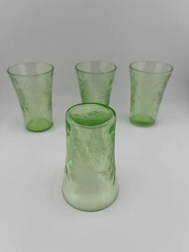 Vintage Uranium Glass Tumblers Grape Vine Etched Green Depression Glass Set of 4