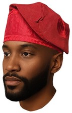 Red African ASO Oke Embroidered Cap  Traditional Nigerian Men  s Hat  Weddings