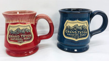 2 GRAND TETON NATIONAL PARK Est. 1929 Glazed Mugs, 1 Red, 1 Blue, Deneen Pottery