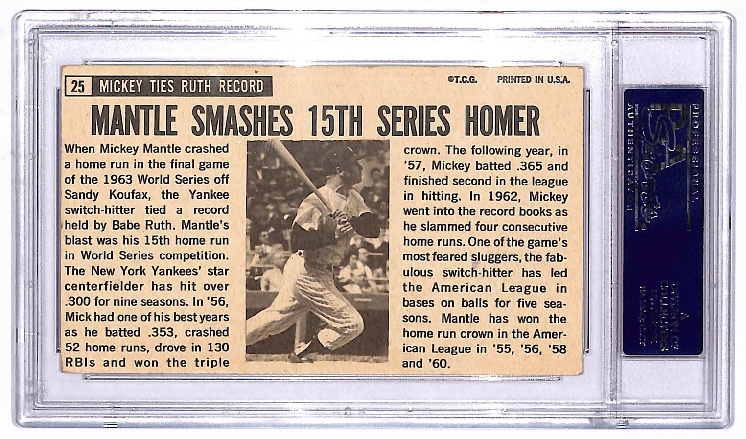 1964 Topps Giants Mickey Mantle Signed Auto Autograph #25 Yankees PSA Authentic view 2