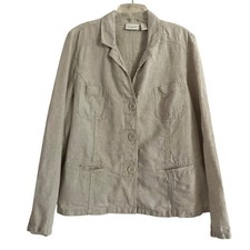 Chicos Linen Khaki Jacket Pockets Button Womens Size L Layer Work Lightweight
