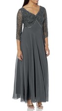 J Kara V-Neck 3/4 Sleeve Beaded Bodice Formal Dress Long Gown Size 16 Grey