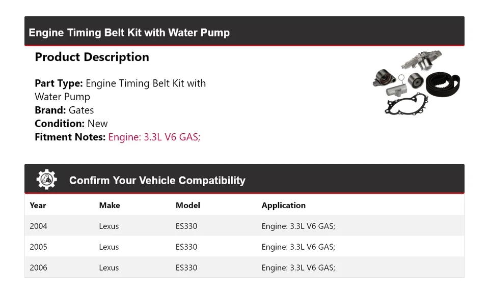 Kit de correa de distribución de motor con puertas de bomba de agua 2005 para Lexus ES330 2004-2006 Foto 2 de 4