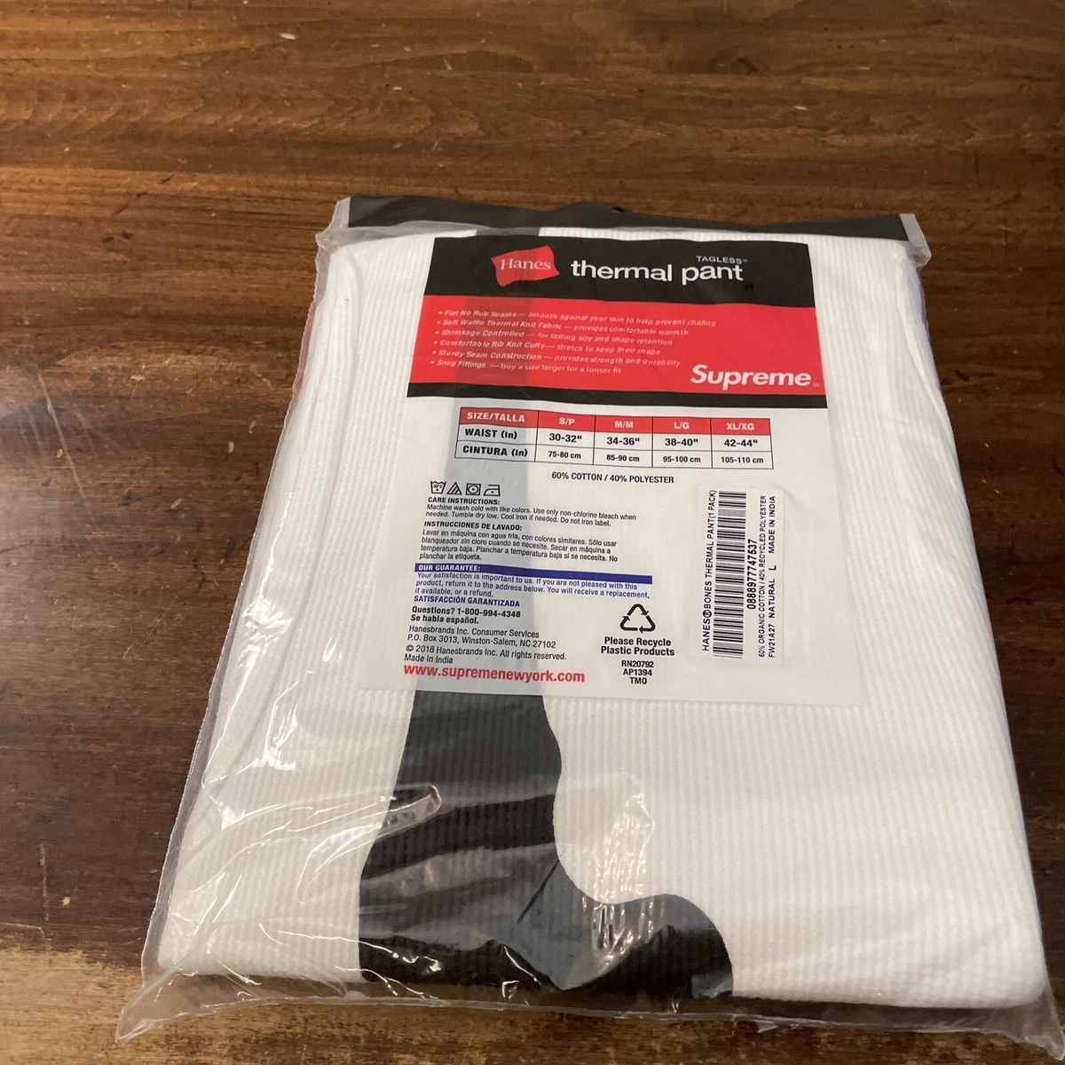 SUPREME/ HANES/ BONES THERMAL PANT 1 PACK WHITE SIZE LARGE FW21