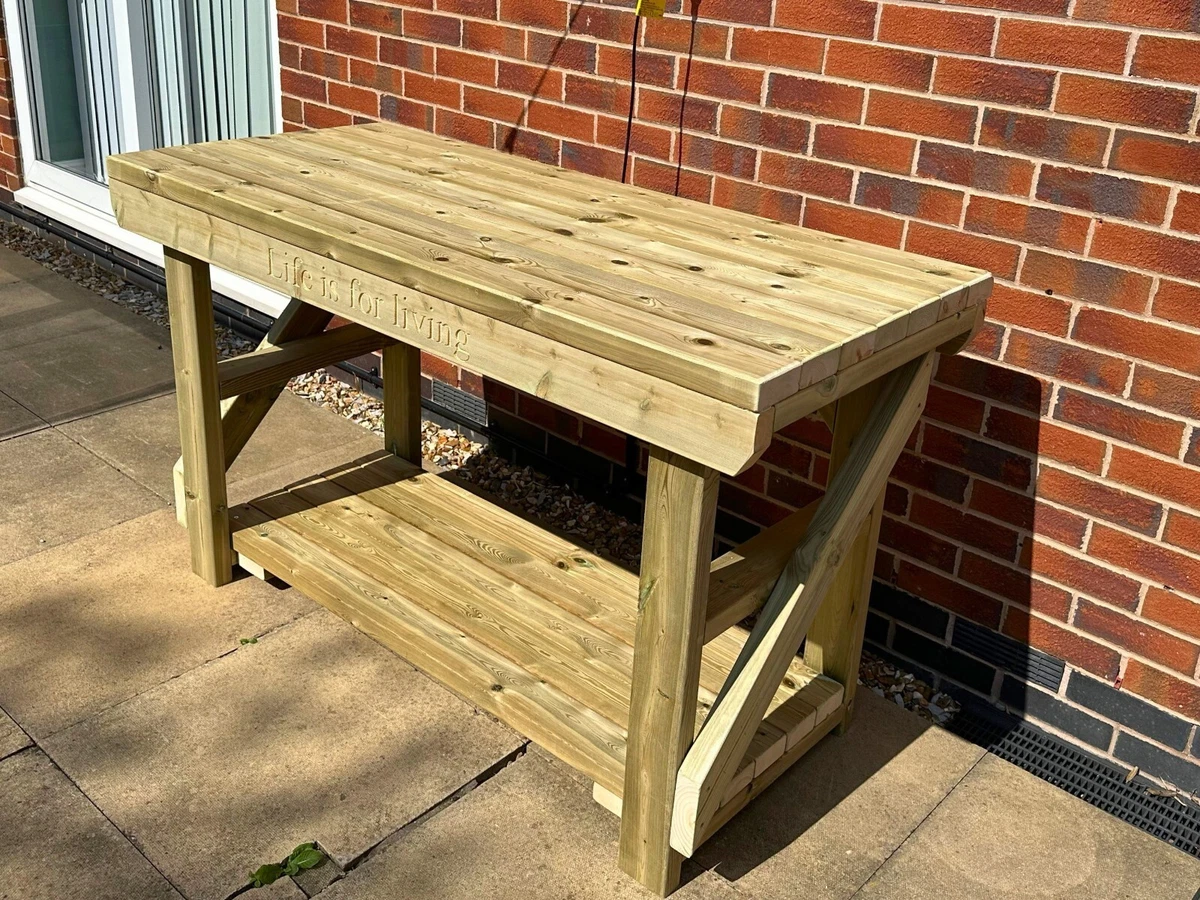 Indoor Outdoor Wooden Workbench. Garden Work Table. BBQ Pizza oven Table