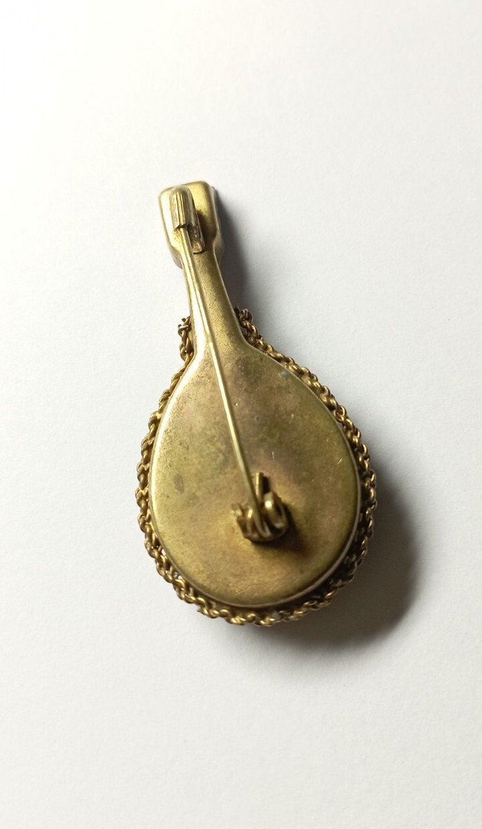 Broche Ancienne Micro Mosaïque Millefiori Mandoline - 4,5 Cm, Verre Et Laiton, Thème Musique