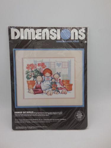 Vintage Dimensions Counted Cross Stitch Kit Family Of Dolls #3649 NIP 14" x 11" - Afbeelding 1 van 4