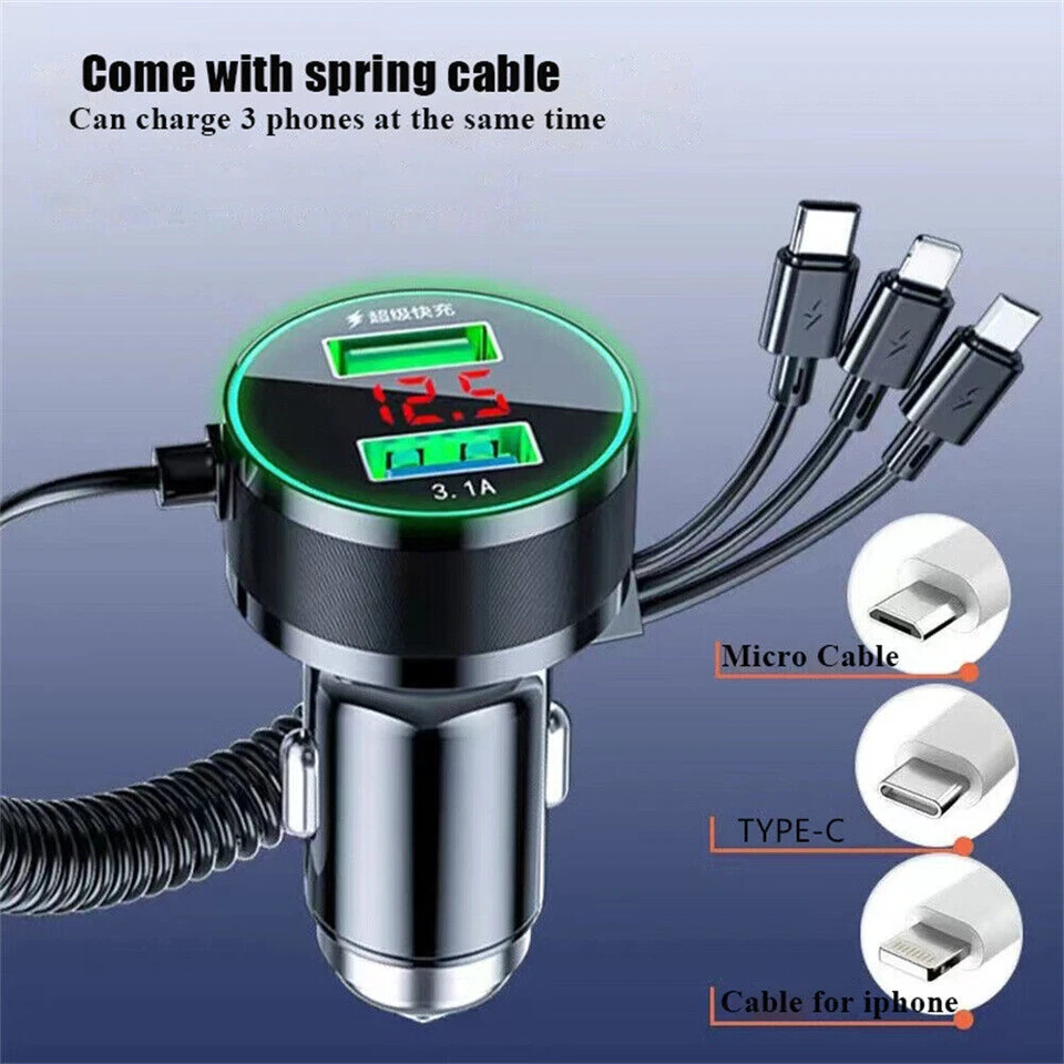 USB Car Charger Adapter 150W Fast Charge With Cable Fit For SmartPhone 12V-24V - Image 2 of 4