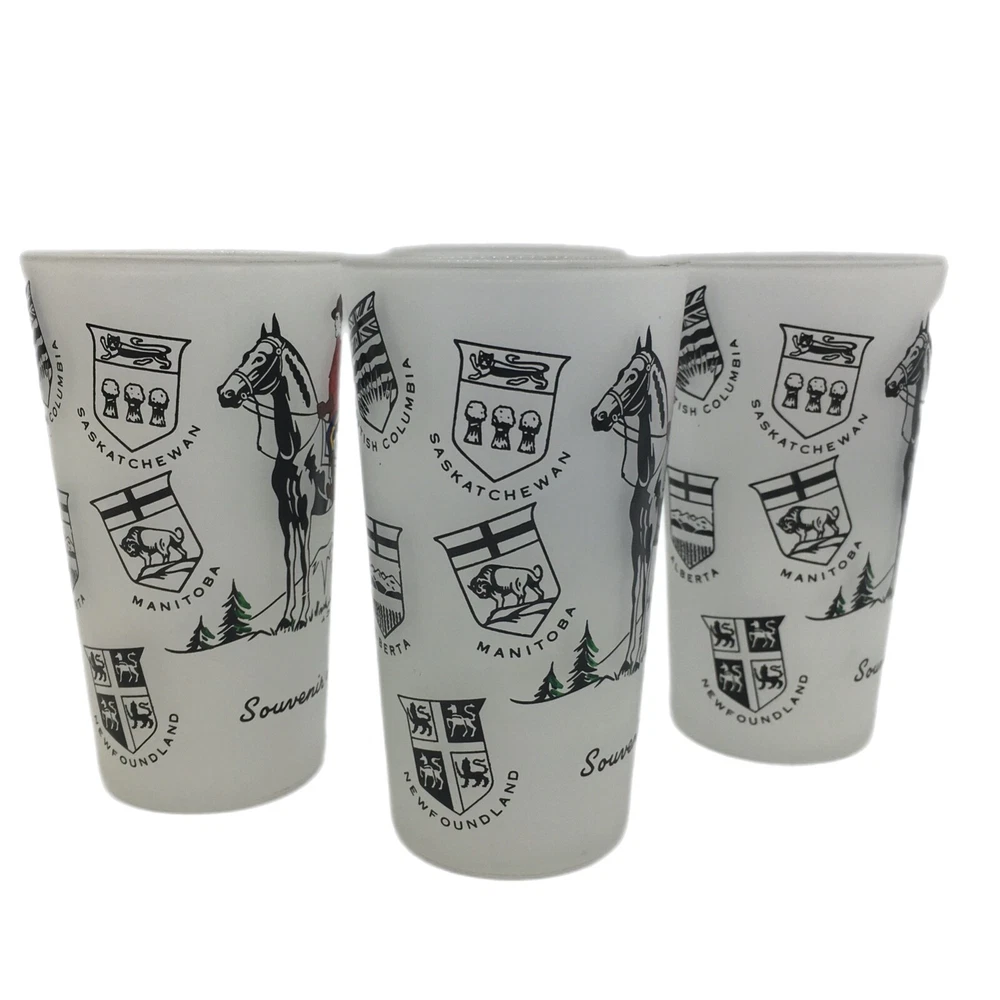 Tumbler Set 4 Canadian Royal Mounties Frosted Glass Souvenir of Canada Barware