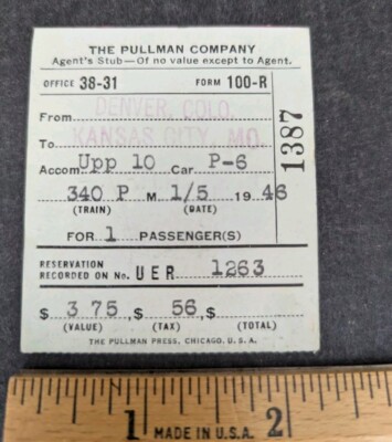 Pullman Company Train Ticket 1946 Union Pacific Railroad Vintage Fort Collins