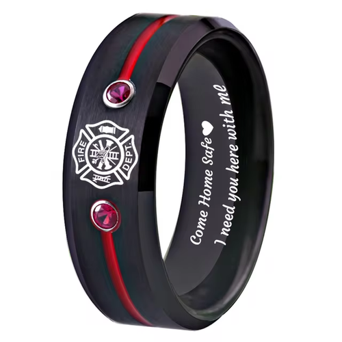 Firefighter Design Fireman Rings Fire Police Ring Men'S Black Tungsten Ring with - Picture 8 of 26