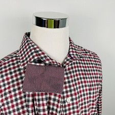 Egara Large Non Iron Shirt Red Gray Plaid Flip Cuffs Profilo Tessile Cotton