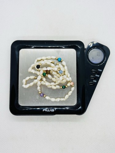 Solid 14k Yellow Gold Rice Pearl Natural Stones Beaded Necklace 24” 10.7g - Picture 10 of 10