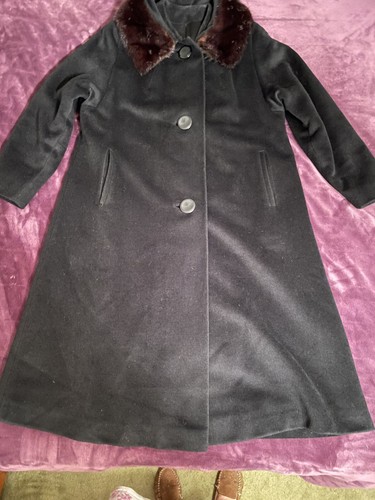VTG Furlura By Worumbo Black Wool Coat Mink Collar Women’s L Midi Length - Picture 6 of 16