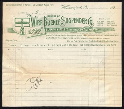 Wire Buckle Suspender Co. Williamsport PA 1895 Billhead (#4)