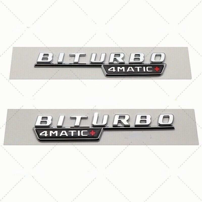 2X BITURBO 4MATIC+ Plus Fender AMG Emblem Chrome Badge Nameplate for Mercedes