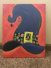 Painting on Canvas Hand painted- Signed- Halloween- Witches Hat- Original