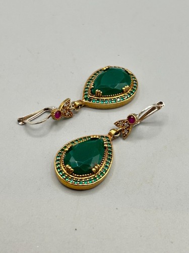 Gold Over Sterling Green Emerald Earrings Genuine Stone Pierced Long Drop Dangle - Picture 7 of 10