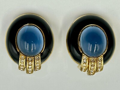 Ciner Dreamy Blue Glass Enamel Signed Earrings Clip 80s Vintage