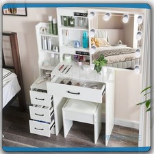 Makeup Vanity Dressing Table With Lighted Mirror 7 Shelves Cushioned Stool Set