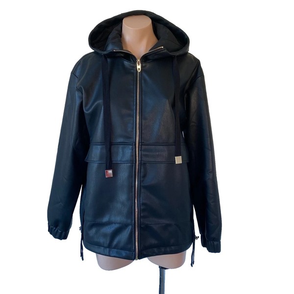 Zara Women's Oversized Leather Look Hooded Zip Up Jacket XS Gold Hardware