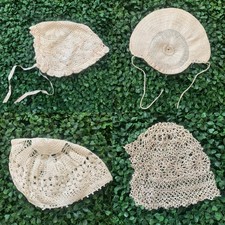 Antique handmade white cream infant baby bonnet bundle of 4