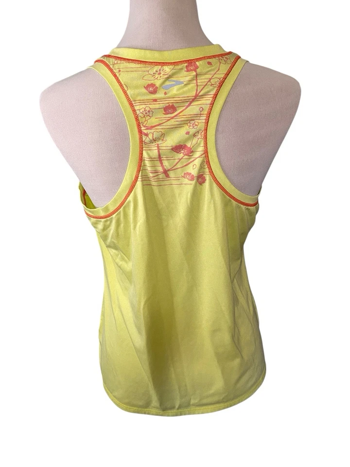 Brooks Womens Athletic Running Top Racerback Floral Light Yellow Green Large - Image 3 of 4