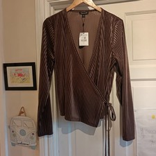 Whistles brown long sleeve wrap velvet stripe cardigan large UK 16/18